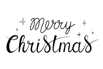Merry Christmas handwritten lettering with little stars. Xmas text isolated on white for design postcard, poster, banner