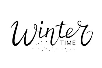 "Winter time" handwritten lettering with dots. Isolated text on white for design postcard, poster, banner