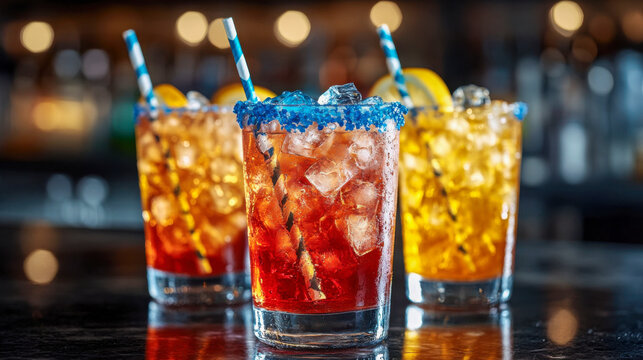 Colorful cocktails with blue sugar rim and straws on bar counter at night