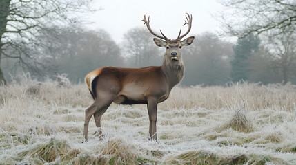 Obraz premium A deer stands gracefully in a frost-covered field, illuminated by soft morning light, showcasing the beauty of winter wildlife..