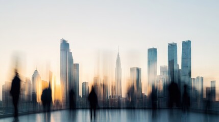 Blurry cityscape with silhouettes during sunset