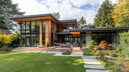 Fototapeta premium Modern minimalist home with large windows and landscaped garden
