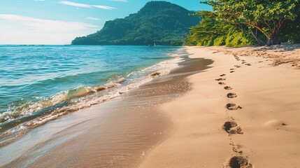 A sandy beach with footprints leading to a forested hillside, with blue water and sky in the background.