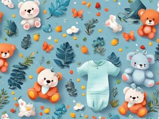 Adorable baby boy nestled with a soft teddy bear, surrounded by vibrant baby clothes