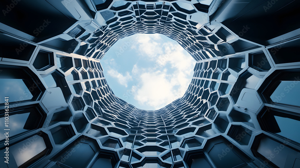 Poster a futuristic architectural design featuring a hexagonal tunnel opening to the sky, blending modern i