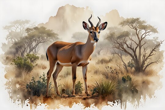 Duiker antelope in the african bush in watercolor style
