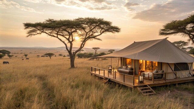 Fototapeta Serene safari tent at sunset in the African savannah