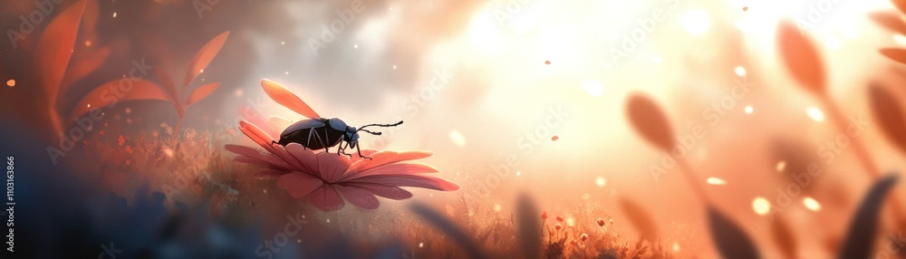 Poster a serene scene of a beetle resting on a flower, illuminated by soft light.