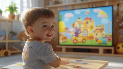 World Television Day Childs Joy Watching Cartoons in a Bright, Cozy Living Room