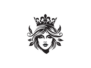 Queen Vector illustration. women tattoo symbol.girl with leaves hair Sign with Crown, emblem isolated on white background, Flat style for graphic and silhouette.