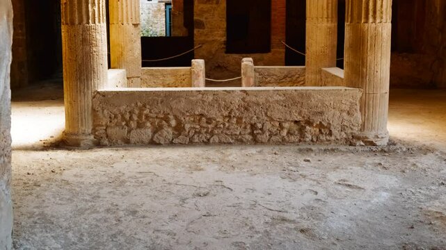 The impluvium (water catchment area) of the House of Four Styles (Casa dei Quattro Stili), Pompeii, Naples, Campania, Italy, buried by Vesuvius in 79 AD