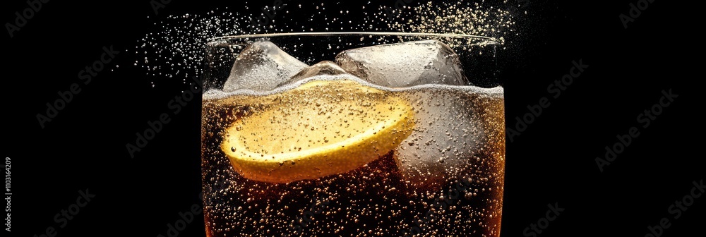 Poster a refreshing drink with ice and a lemon slice, creating a bubbly effect.
