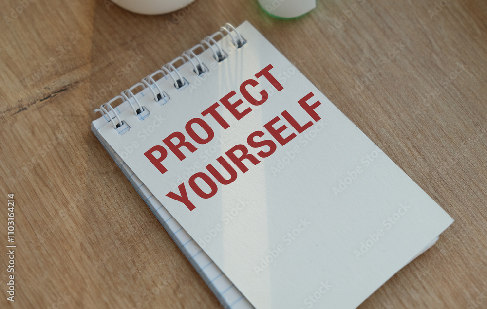 Poster protect yourself text on white notepad on the wooden background with financial charts.