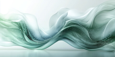  Futuristic Abstract Background with Green and White Waves, Frosted Glass Effect, and Sparkling Water Reflection