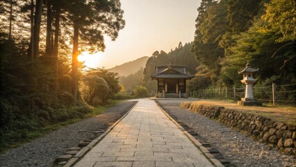 Obraz premium Serene pathway leading to a temple at sunset