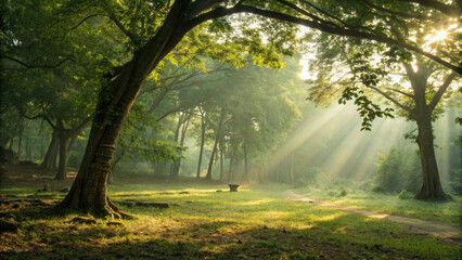 Obraz premium Serene forest scene with sunlight filtering through trees