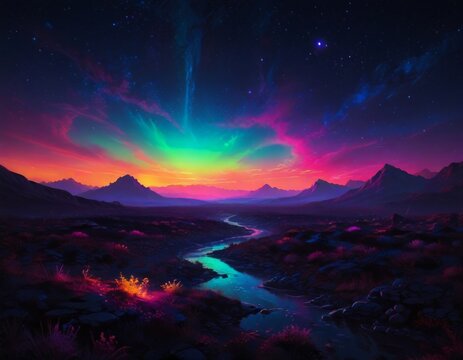 cosmic landscape in neon colors and northern lights in space