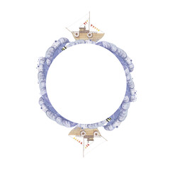 Watercolor round frame with ships on sea waves