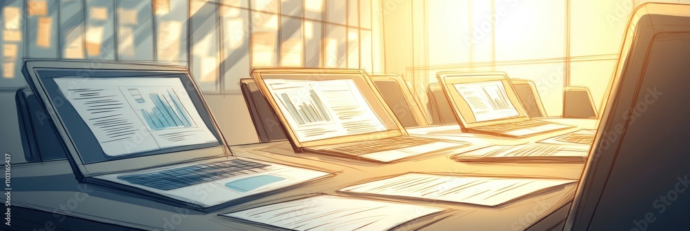 Poster a modern workspace with laptops displaying graphs and documents in a sunlit office.
