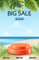 summer big sale discount portait template banner with blank space 3d podium for social media post product sale with abstract gradient blue background design 17