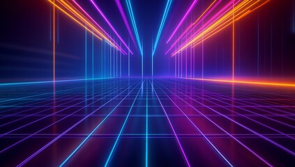 Abstract neon light pattern on a grid floor.