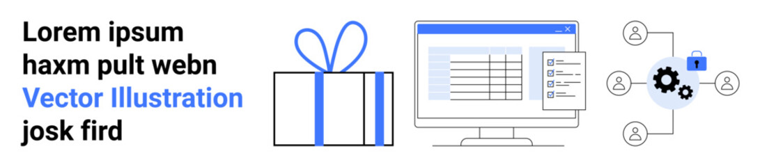 Computer screen displaying data, gift box with ribbon, and interconnected user icons surrounding a padlock and gears. Ideal for team collaboration, data security, digital project management, business