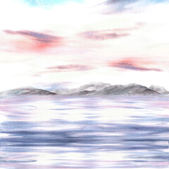 Nautical watercolor landscape. Adriatic seascape with sunset or sunrise sky, mountain silhouettes, reflection at sea. Hand drawn illustration isolated from background. For holiday cards, poster print.
