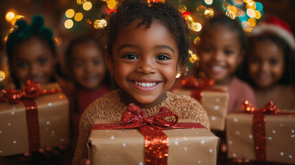 A child holding a wrapped Christmas gift with excitement and joy, eagerly awaiting to give or receive a holiday present.
