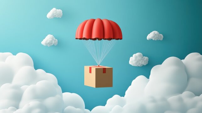 A Box flying on a parachute with pink cloud,vector illustration of package flying down from sky and cloud with parachute, concept for delivery service,shopping online,air delivery service.