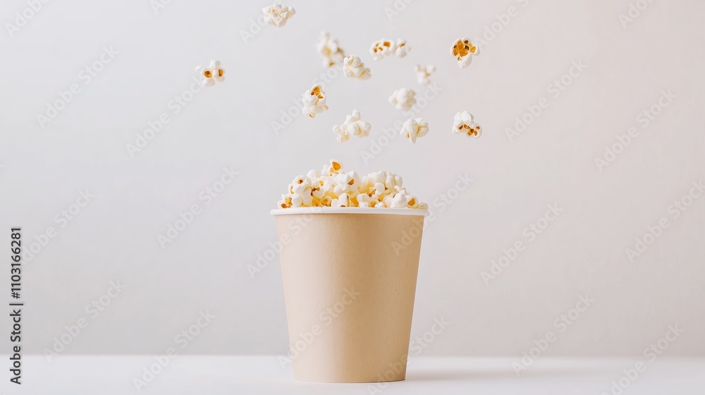 Poster popcorn bursts from a cup in a light and bright setting while capturing a fun and playful moment