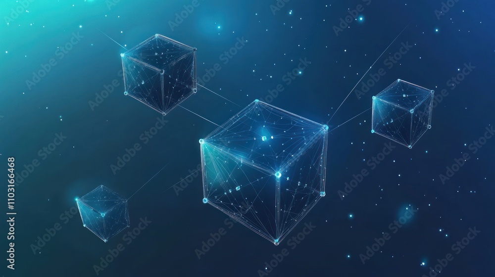 Poster a digital representation of interconnected cubes in a cosmic background.