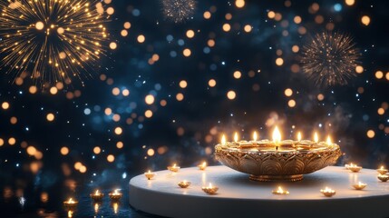 Banner design for diwali festival and purple podium,Diwali light decoration candle with fireworks,Stage,Product display Showcase design sparkle background,Deepavali,Dipavali,3D podium illustration.