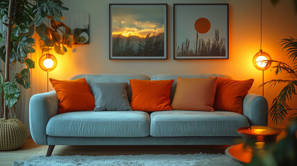A cozy living room with a large sofa, adorned with artworks on the walls, creating a warm, inviting atmosphere perfect for relaxation and comfort.