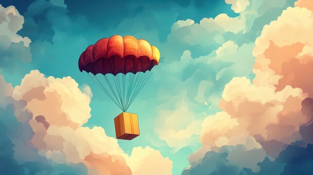 A Box flying on a parachute with pink cloud,vector illustration of package flying down from sky and cloud with parachute, concept for delivery service,shopping online,air delivery service.