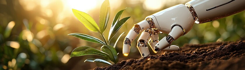 Robotic hand nurturing seedling urban farm nature photography sunlit environment close-up concept of machine learning in agriculture