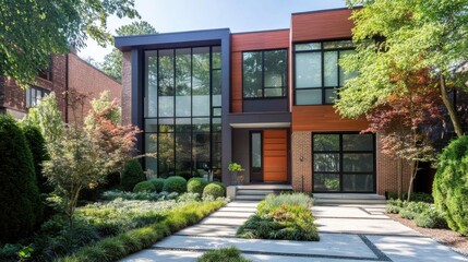 Obraz premium Modern Home Exterior with Lush Landscape and Clean Design Elements
