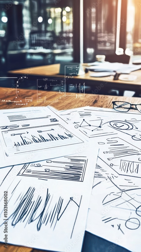 Poster a workspace with sketches and graphs on a wooden table, indicating project planning.