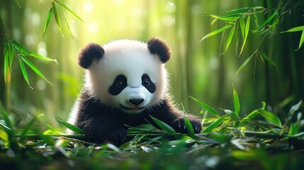 Fototapeta premium Adorable Panda Cub in Bamboo Forest