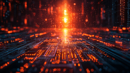 Obraz premium A high-tech futuristic background featuring glowing holographic elements with digital, technological motifs, creating a sleek and modern digital environment.