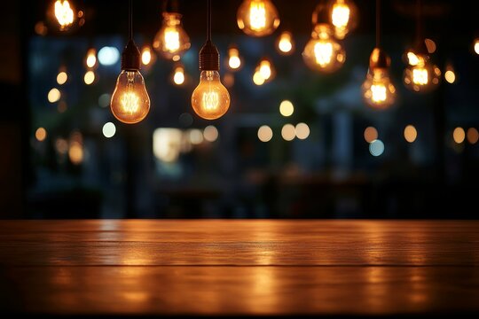Empty wooden table with hanging light bulbs.