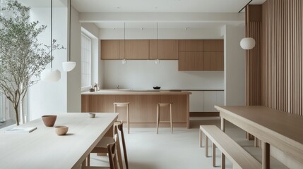 Fototapeta premium Modern Minimalist Kitchen Interior with Natural Wood Elements