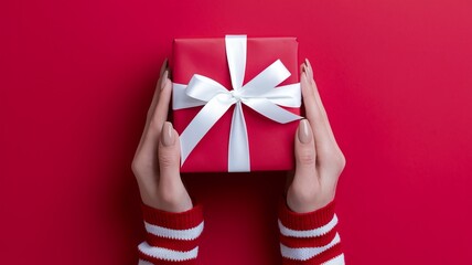 A photo of a pair of hands gently holding a red gift box with a white ribbon against a vibrant red background. The gift box is wrapped with red paper and ai generated