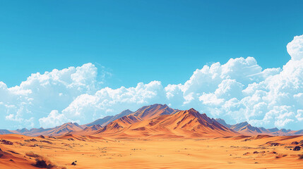 Naklejka premium A vast desert landscape with golden sand dunes stretching into the horizon, showcasing dramatic lighting and shadows under a fiery orange sky.