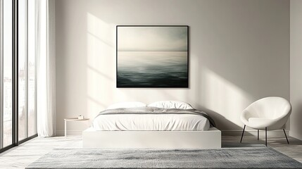 A minimalist bedroom featuring a bed, art, and natural light for a serene atmosphere.