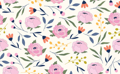 Wildflowers flower vector seamless pattern. Floral background with hand drawn field spring daisy. Pink Peonies. Modern Abstract Botanical contemporary retro pattern. Fashionable 60s - 70s template.
