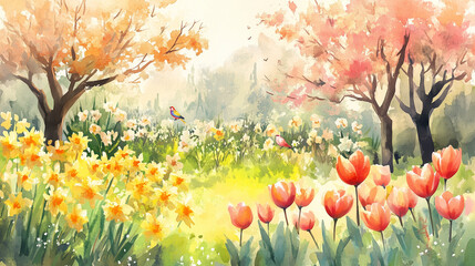Spring banner with illustration of a garden full of brightly colored tulips and daffodils, small trees with birds perched on their branches, Ai generated images