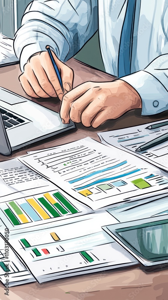 Poster a person analyzing documents and data on a desk with a laptop.