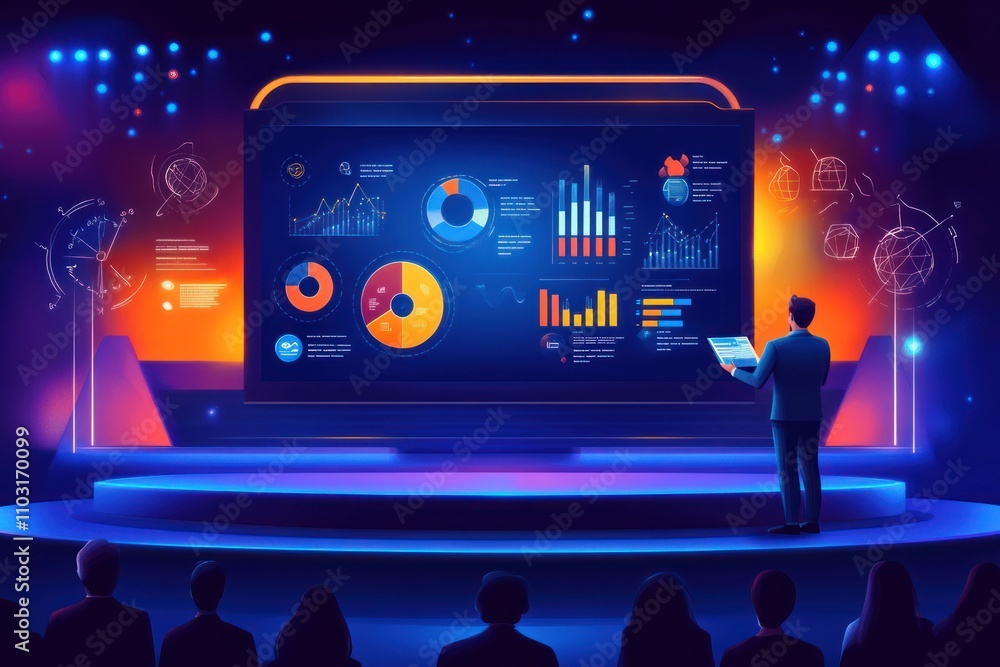 Poster a presenter displays data visualizations on a large screen to an audience.
