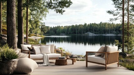 Fototapeta premium Tranquil Lakeside Retreat with Modern Outdoor Furniture and Nature