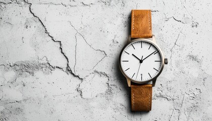 Elegant wristwatch with a leather strap on a textured surface.